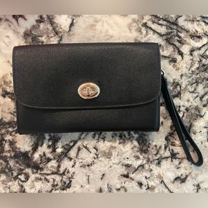 Coach black leather wallet / clutch / wristlet / crossbody. Chain detaches